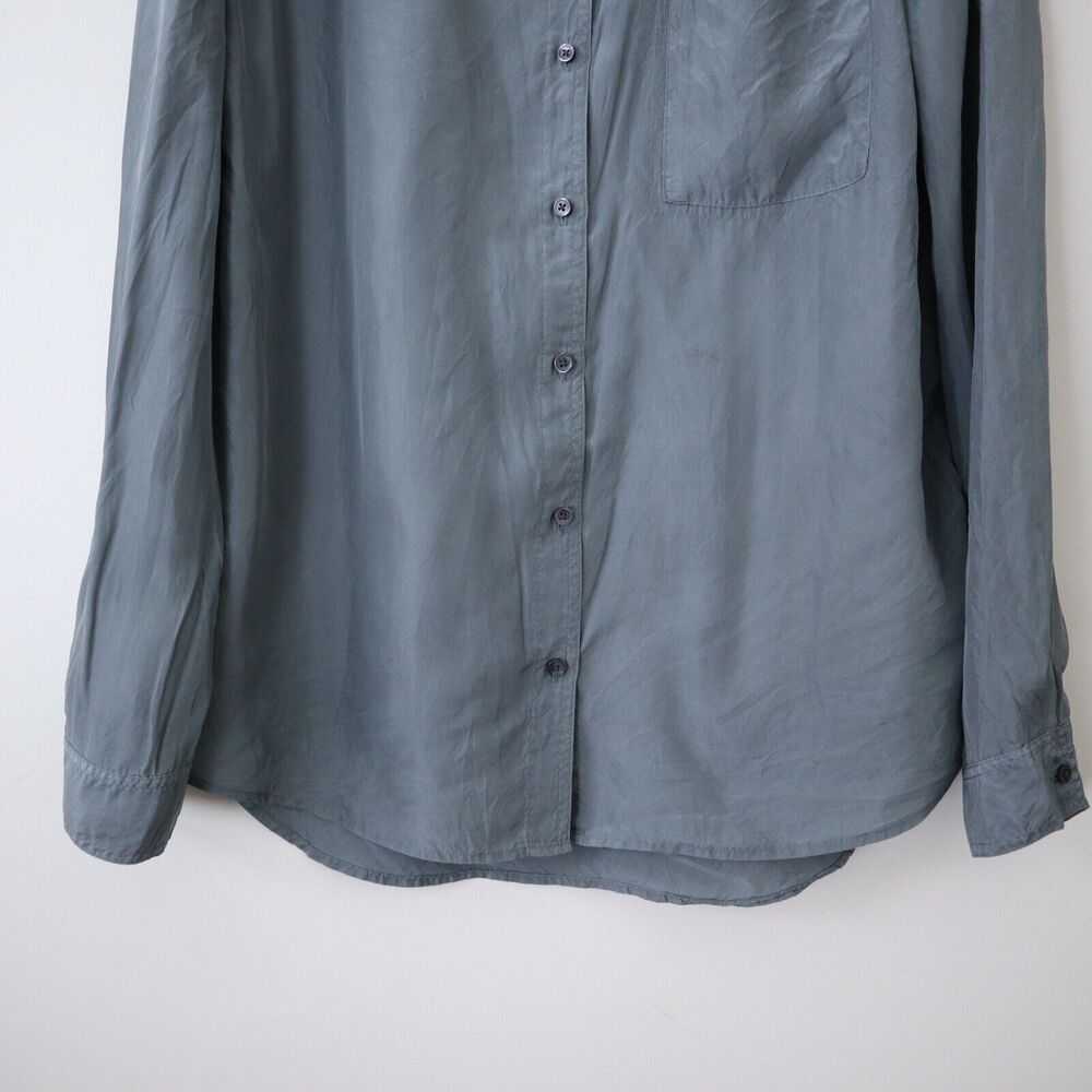 CLOSED Size L Silk Button Down Blouse Snap Epaulette Long Sleeve Dusty Olive - Picture 3 of 10
